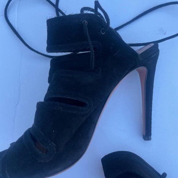 Aquazzura Firenze Slone Peep Toe Bootie Black Suede Sz 35 Slit-Front Lace - Picture 7 of 11